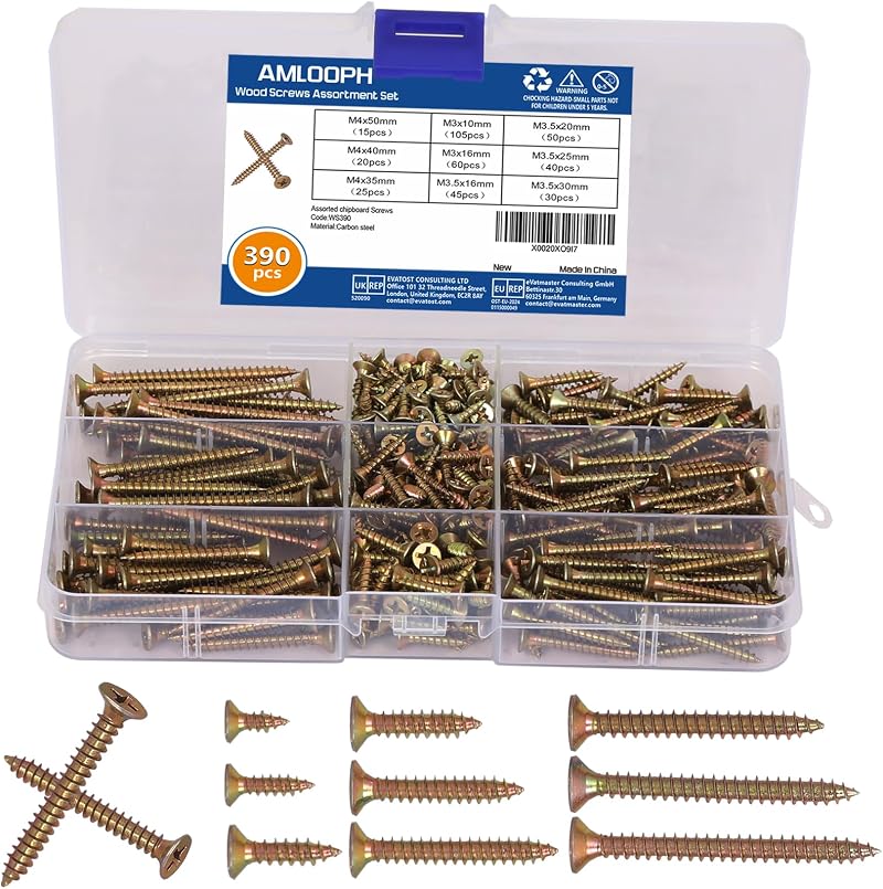 AMLOOPH Wood Screws Assortment 390pcs Mixed Self Tapping Countersunk Zinc Plated