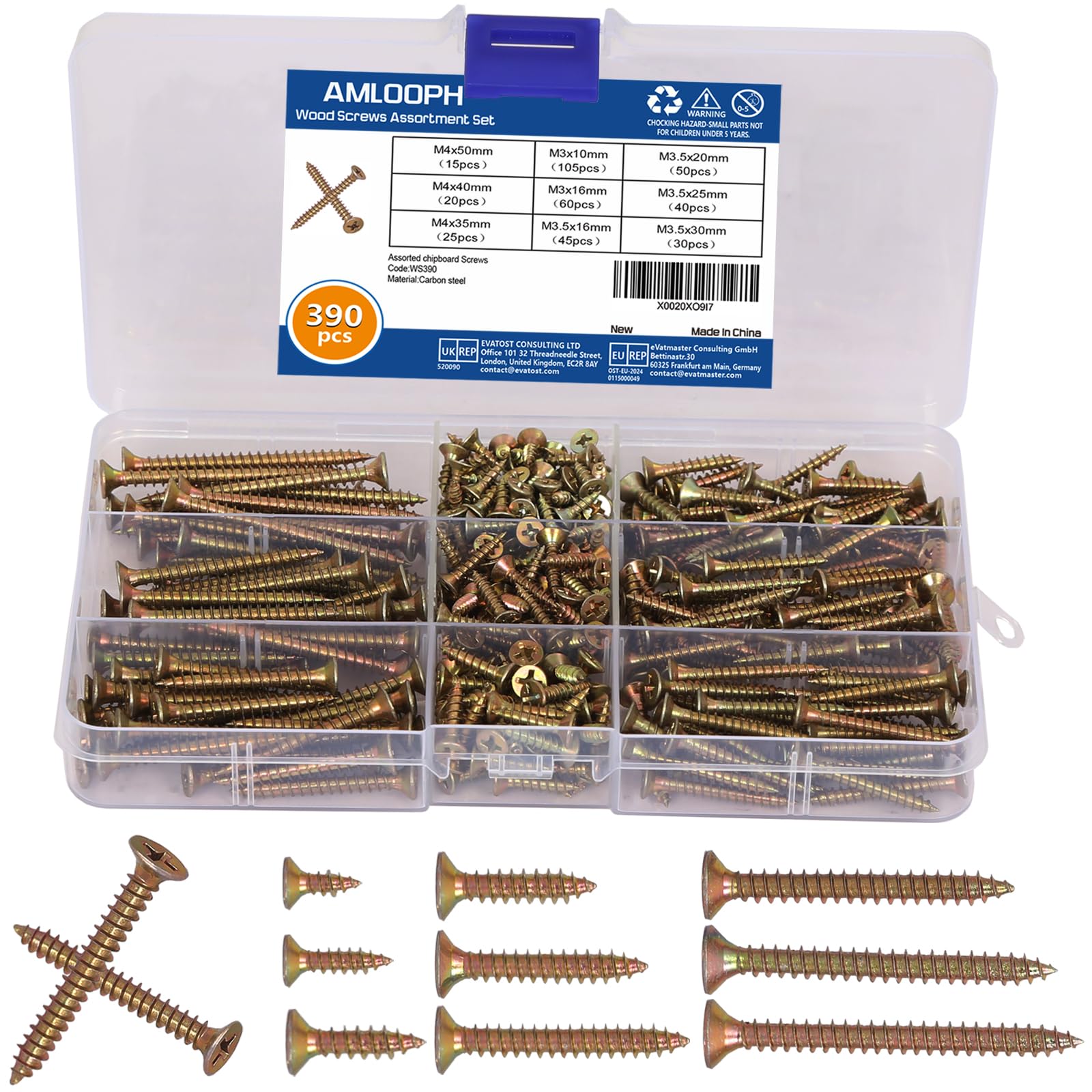 AMLOOPH Wood Screws Assortment, 390pcs Mixed Small Flat Head Self Tapping Screws For Wood, 10mm - 50mm Long Assorted Countersunk Galvanised Decking Screw Set Pack With Screw Box