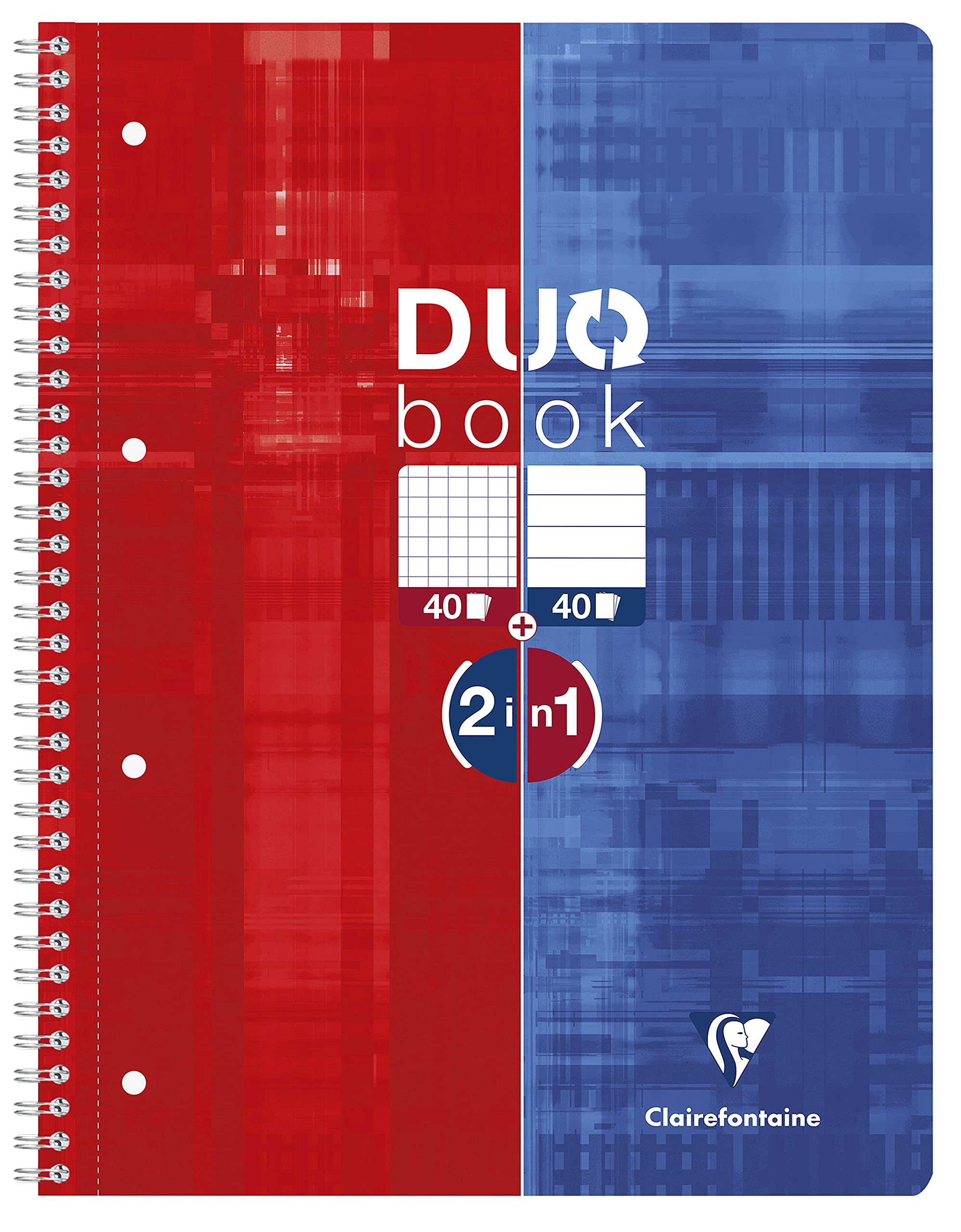 Clairefontaine 82526C Duo Book Reversible Spiral Perforated Notebook A4+ 22.5x29.7cm - 160 Pages (80 Squared Pages + Ruled Pages) 90 g White Paper - Card Cover