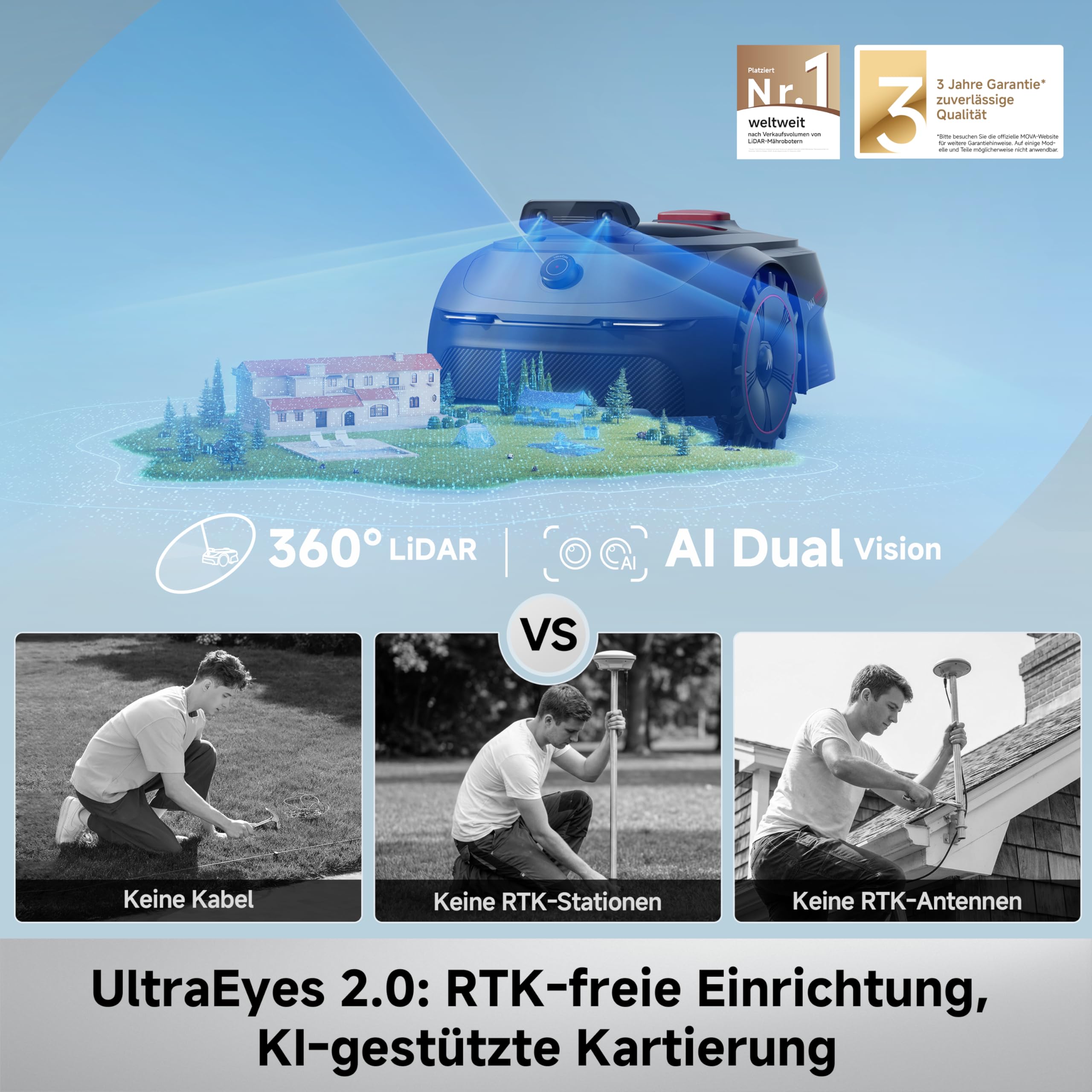 MOVA ViAX 500 Mähroboter Ohne Begrenzungskabel, Empf. 600 m², KI-gestützte Kartierung, 360°-LiDAR & Dual-KI-Vision, Intelligente Hindernisvermeidung, U-Fahrbahn, Kantenschnitt, App-Steuerung 3