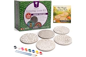 Pinwheel Crafts Stepping Stone Kit for Kids – Paint Your Own Mosaic Stones with Storybook | 5 Preprinted Cement Designs, Waterproof Paints, Brushes & Markers | Creative Garden Craft Gift for Ages 6+