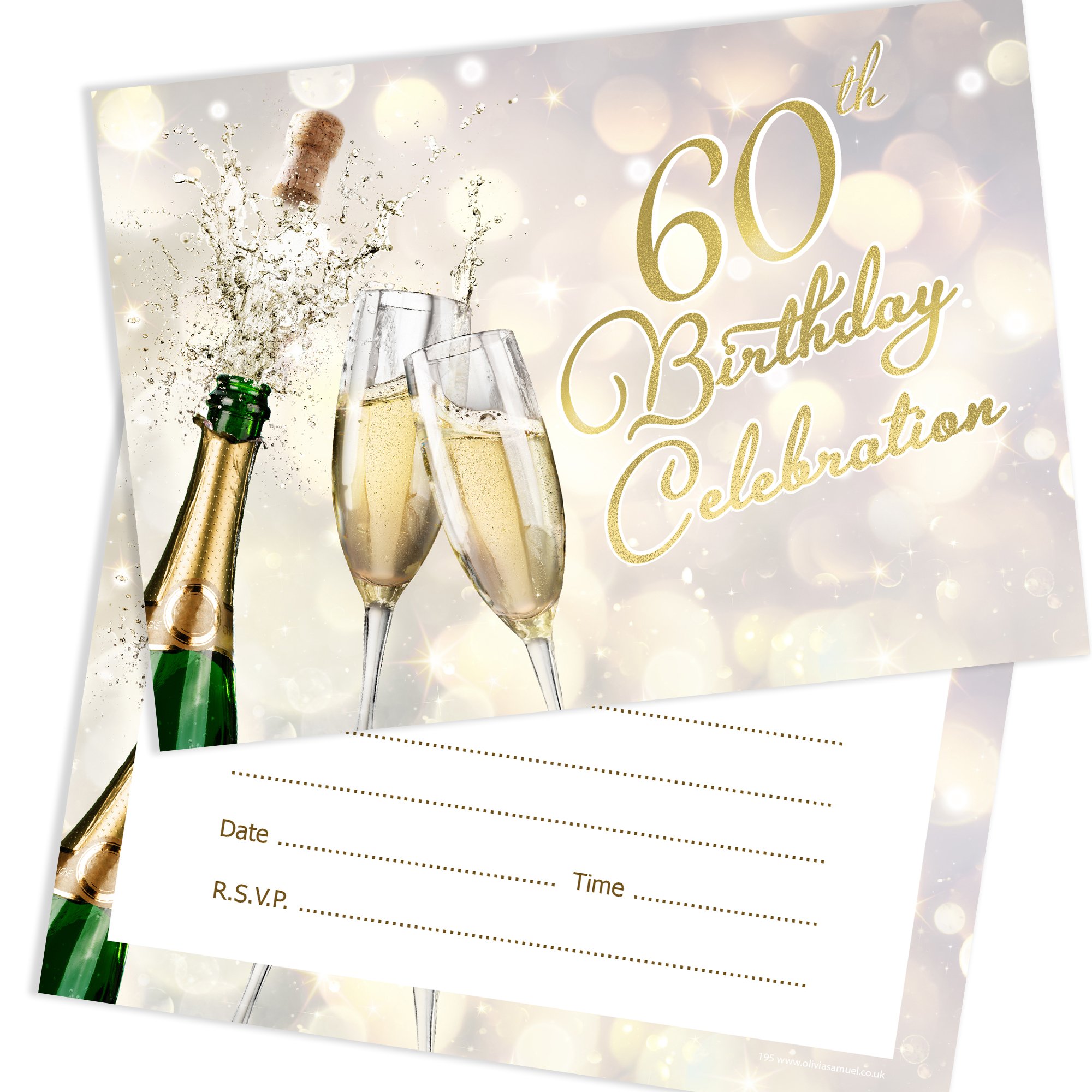 Olivia Samuel 20 x 60th Birthday Celebration Invites from Champagne Style - Ready to Write with Envelopes