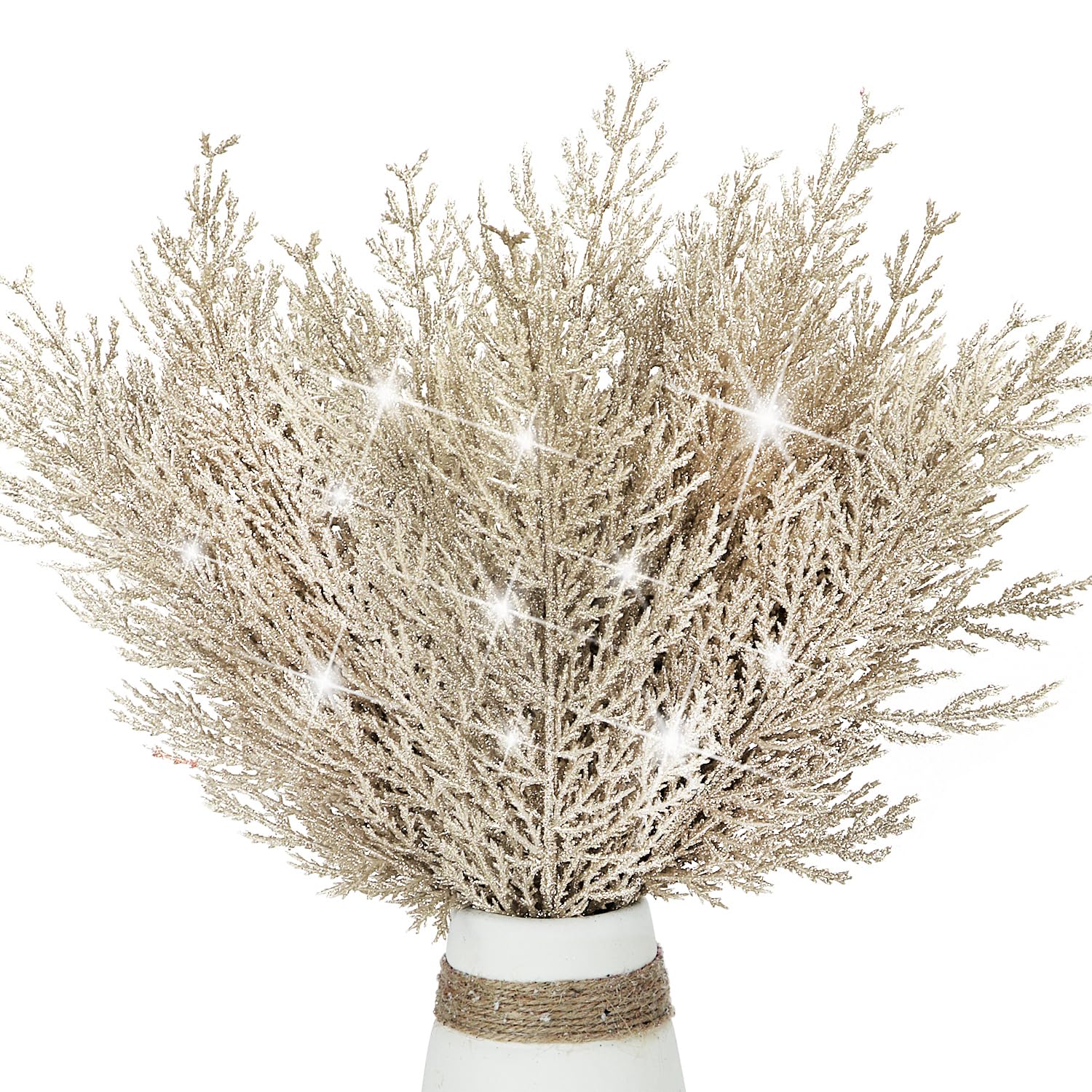 KKSTY Pack of 16 Artificial Pine Branches Glitter Twig Ornaments, 13.3'' Glittery Christmas Tree Picks Stems for Xmas Decor,DIY Crafts,Wreath Making Supplies,Small Vase Filler (Champagne)