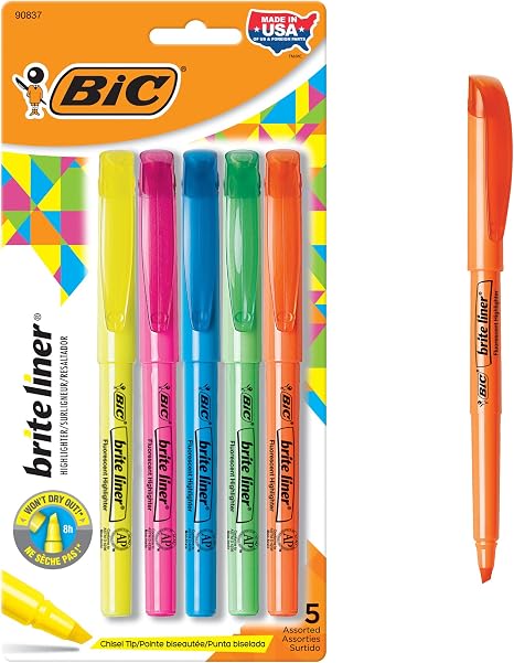 Bic brite liner highlighters, chisel tip, assorted colors, 6/st (070330903265)