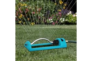 GUDWING Lawn Sprinkler, Oscillating Sprinkler with 18 Hole Brass Nozzles, Gardening Tool Watering for Lawn & Garden Covers up to 3,600 sq.ft, Nozzle Cleaning Tool Build on The End of The Product, Blue