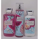 Hello Beautiful (White Gardenia, Jasmine, Magnolia, Pink Nectarine, Cotton Musk) Lot of Three Full Size 1- 10 oz Shower Gel, 1- 8 oz Body Lotion, and 1- 8 oz Fine Fragrance Mist