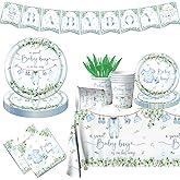Greenery Baby Shower Tableware Set, Watercolor Blue Boy Plates, Napkins, Cups, Tablecloth for Boy Baby Shower Gender Reveal Supplies