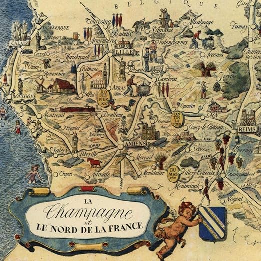 Amazon Com Champagne France Small Cartoon Map C 1950 Decorative Colorful Old Map Entertainment Collectibles