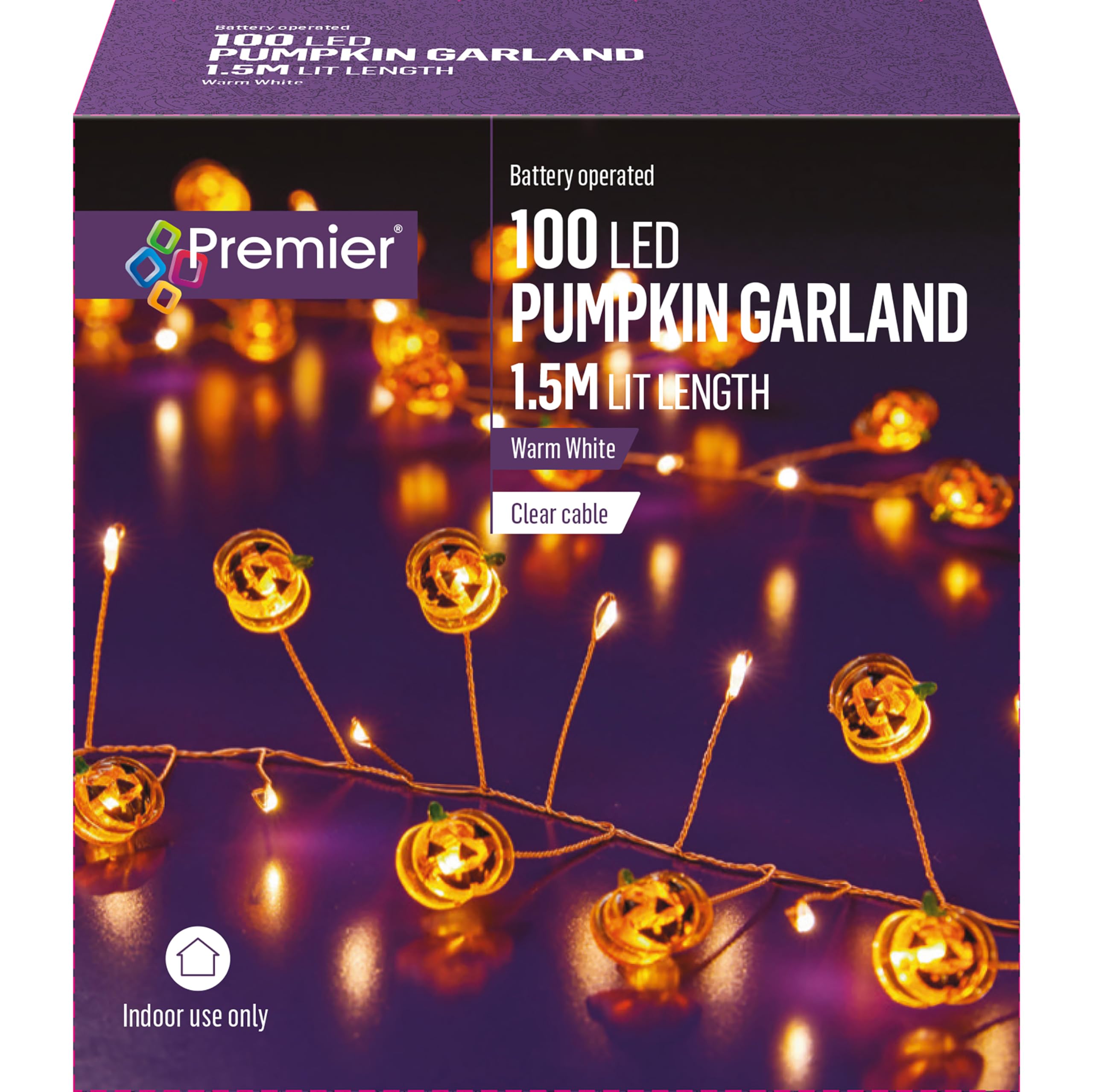 Premier Halloween 100 LED Pumpkin Garland Lights 1.5m Warm White Halloween Lights Decoration Scary Indoor