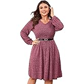Womens Plus Size Casual Sweater Dress Lantern Long Sleeve V Neck Button A Line Flowy Ribbed Knit Winter Midi Dress with Belt