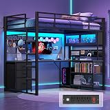 ADORNEVE Twin Size Loft Bed with L-Shaped Gaming Desk, Storage Drawers & Hutch, Expanded Safety Power Outlet, Metal Loft Bed Frame with RGB Lights, Space Saving for Teens, Black