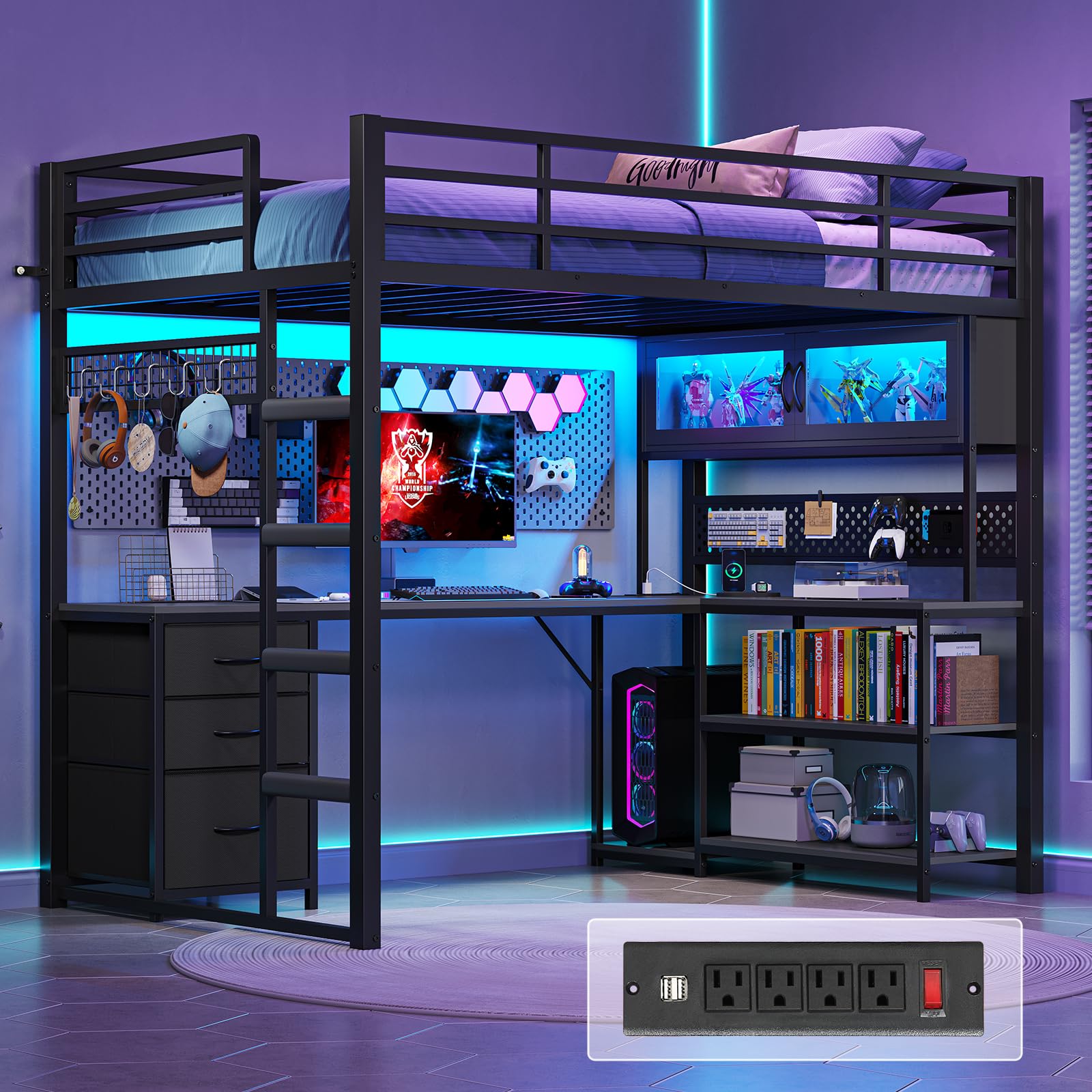 ADORNEVE Twin Size Loft Bed with L-Shaped Gaming Desk, Storage Drawers & Hutch, Expanded Safety Power Outlet, Metal Loft Bed Frame with RGB Lights, Space Saving for Teens, Black
