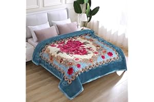 JYK Korean Mink Fleece Blanket King Size 83'' x 91'', 5.7 Pounds - 2 Ply Reversible Silky Soft Plush Warm, Flannel Cozy Blankets for Autumn, Winter - Blue/Peony