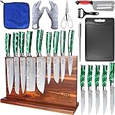 XYJ Knife Block Set,14Pcs Kitchen Knives Set with Block,Cutting Board,Sharpening Stick,Gloves,Scissors,Professional Japanese Style Paring Boning Bread Slicing Santoku Nakiri Chef Knife