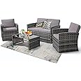 KROFEM 4 Pieces Patio Conversation Set, Outside Rattan Sectional Sofa, Cushioned Furniture Set, Wicker Sofa Ideal for Garden, Porch, Backyard, Grey Color Rattan and Light Grey Cushion