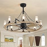 POWIFY Wagon Wheel Rustic Chandelier Ceiling Fan with Light, 36 inch Farmhouse Caged Ceiling Fans, Dual Finish Blades, Wood B