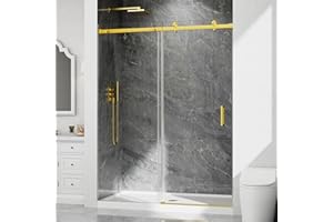 EASYWORC Frameless Shower Door, 55-60" W x 76" H Sliding Glass Shower Door, 1/4''(6mm) SGCC Tempered Glass with Explosion-Proof Film Nano Coating in Brushed Gold Finish