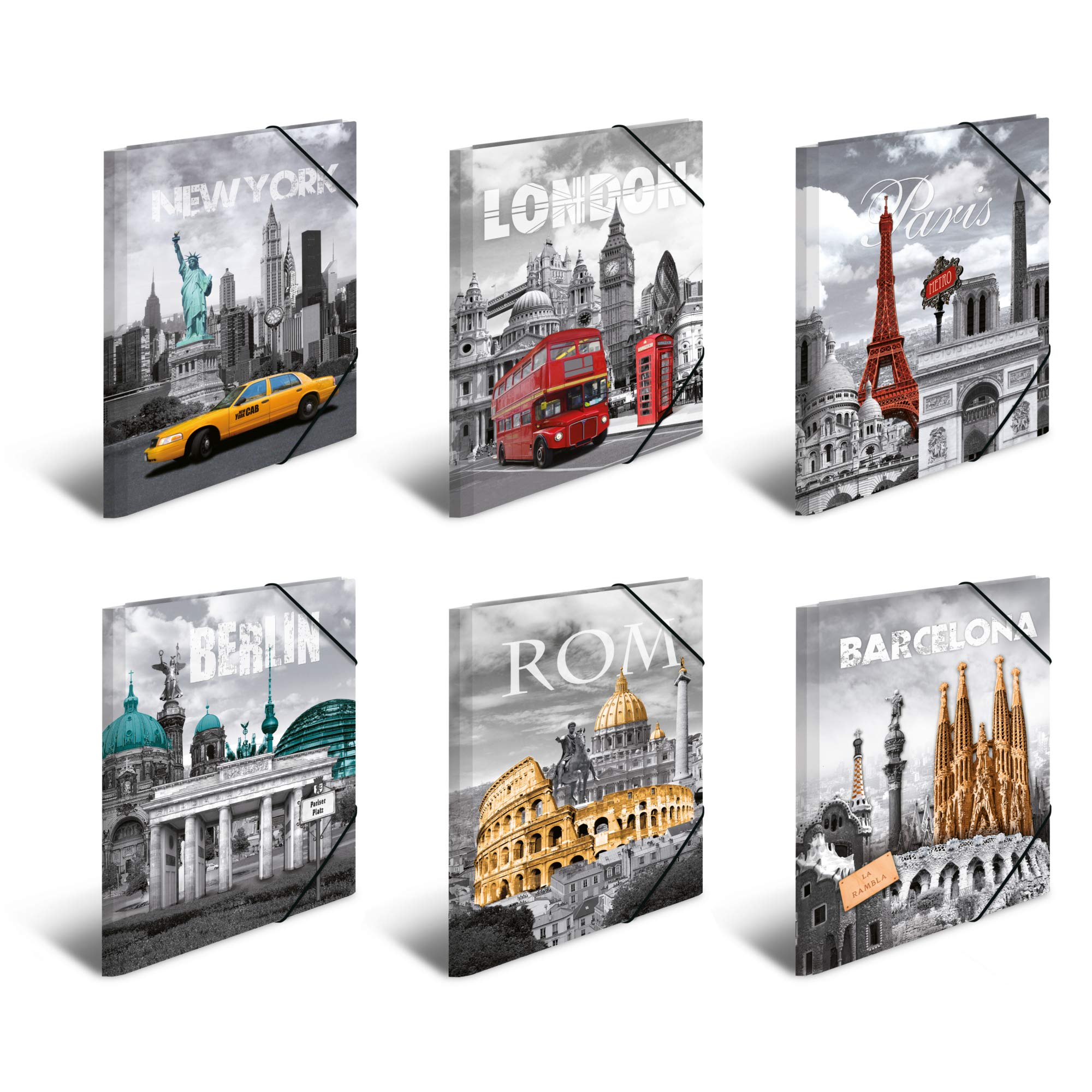 HERMA 7261 Portfolio Folder DIN A4 Cities Set of 10 Sturdy Plastic Folder with Printed Inner Flaps and Elastic Band, Document Folder for Children, Boys and Girls