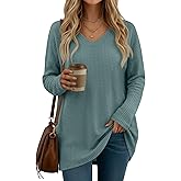 Oakgarden Women's Waffle Long Sleeve Tops, Oversized V Neck Knit Shirts Casual Fall Pullover Sweaters Loose Fit Tunic Tshirts