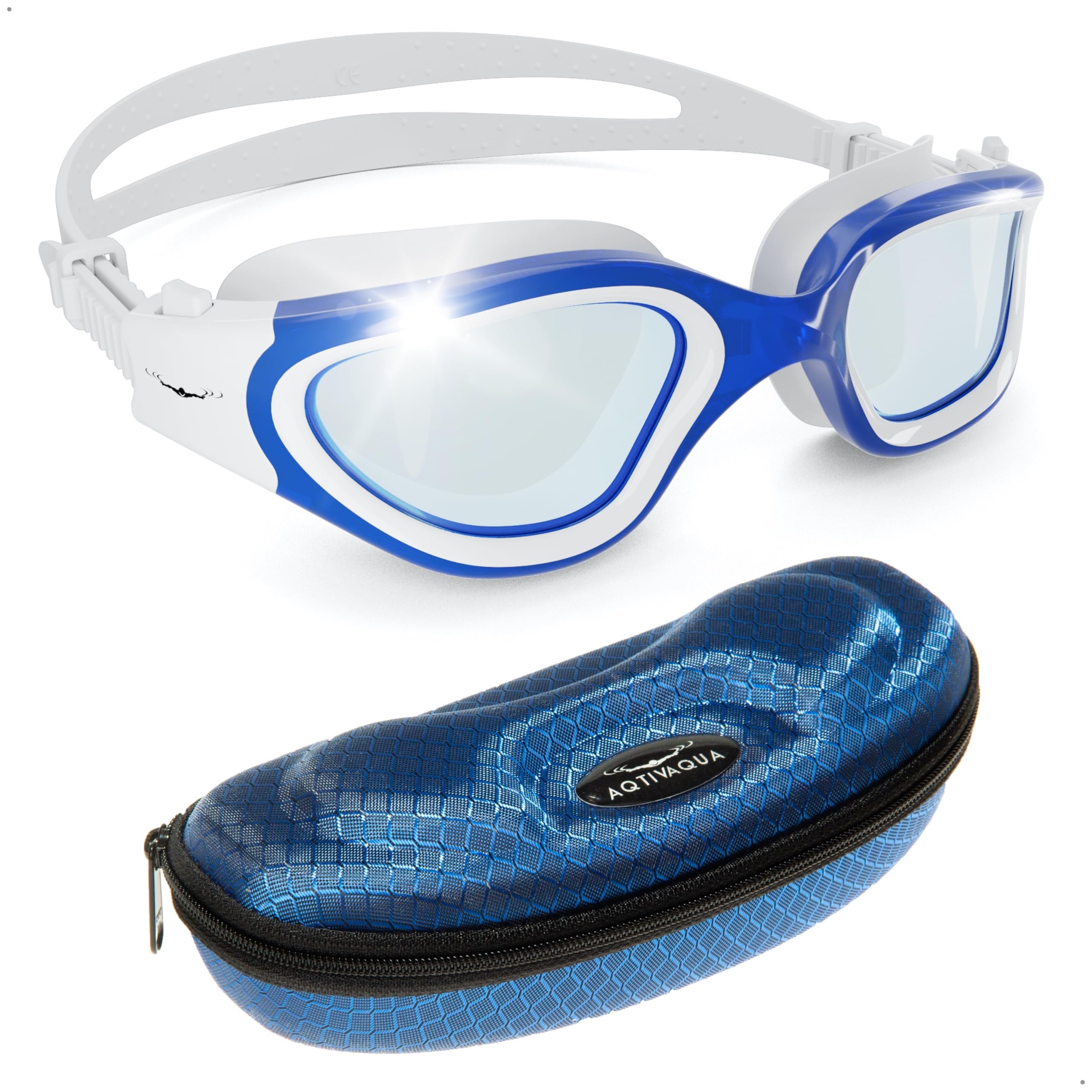 AqtivAqua Swimming Goggles Adult and Kids Goggles Kids 6-14 Men Women Swim Children Boys Girls DX-H (White&Blue frame, Blue case, Photochromic lens)