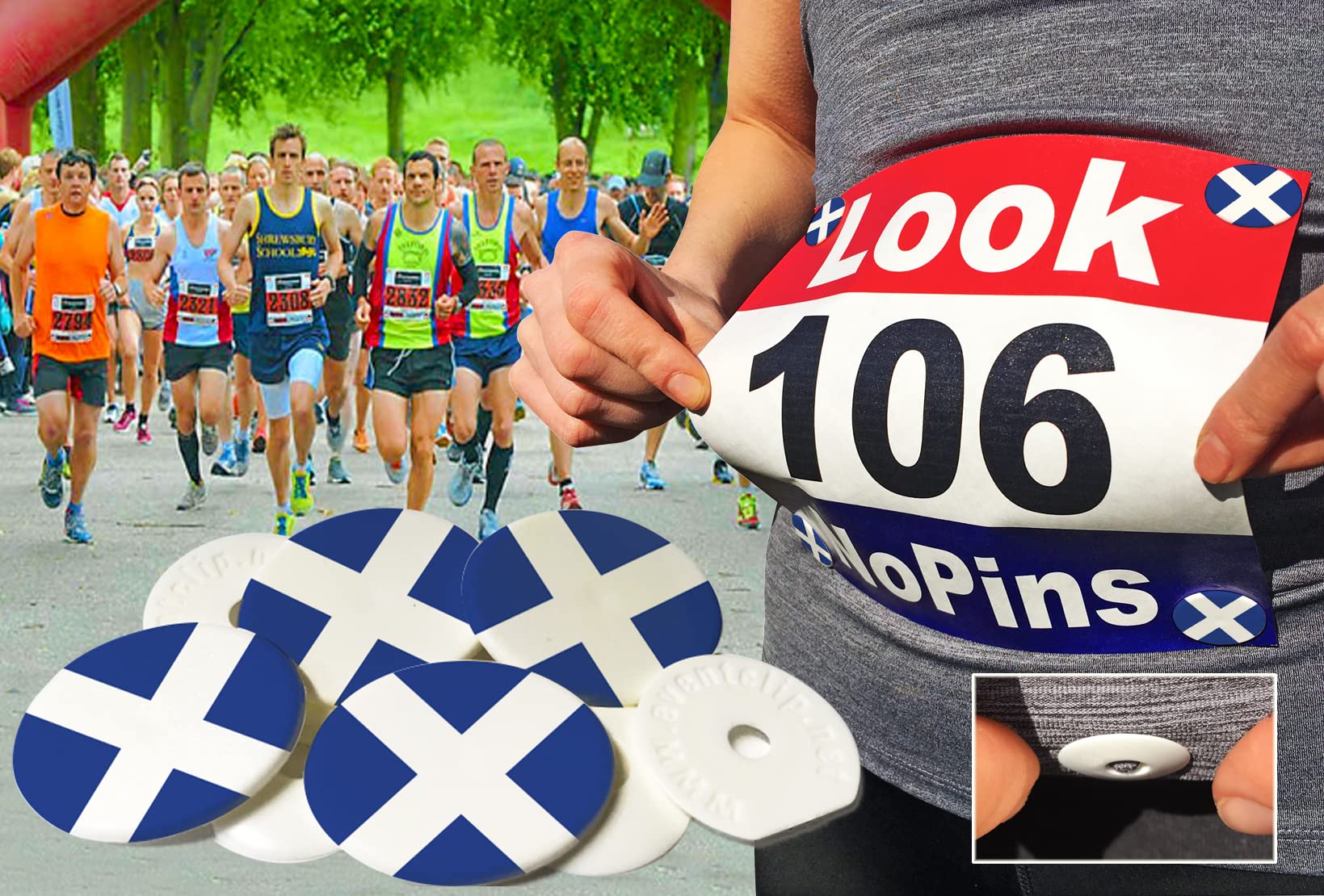 EventClip Race BibClips X 4 SCOTTISH FLAG. Proven Snap-Lock for Securing Running and Cycling Numbers. Made in the UK with Recycled Plastic Since 2009 Far better than Magnets.