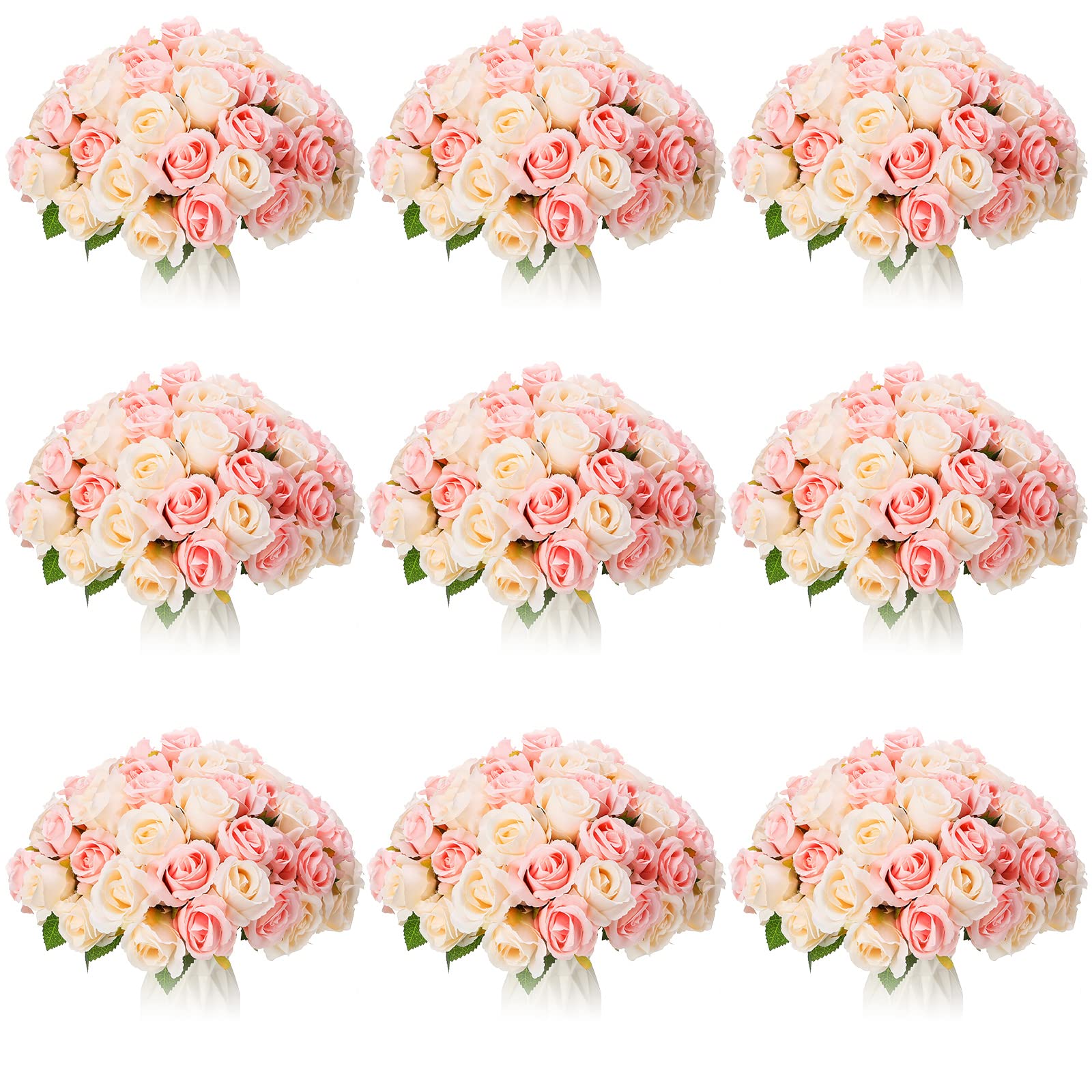 Photo 1 of Jexine, 10 Bouquets Artificial Rose Flowers, 120 Pcs, Pink and White, Silk, DIY Bride, Home, Wedding Party Decorations