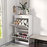 FTZxHKLX Shoe Cabinet with 2 Flip Drawers, Slim Shoe Storage Cabinet, White | Freestanding Hidden Shoe Organizer with Drawer, Pet-Proof Shoe Storage Organizer for Entryway Living Room Behind The Door