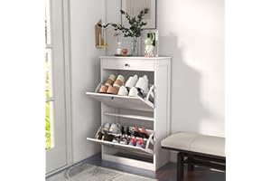 FTZxHKLX Shoe Cabinet with 2 Flip Drawers, Slim Freestanding Hidden Shoe Organizer with Drawer, Pet-Proof Shoe Storage Cabinet for Entryway Living Room Behind The Door, White