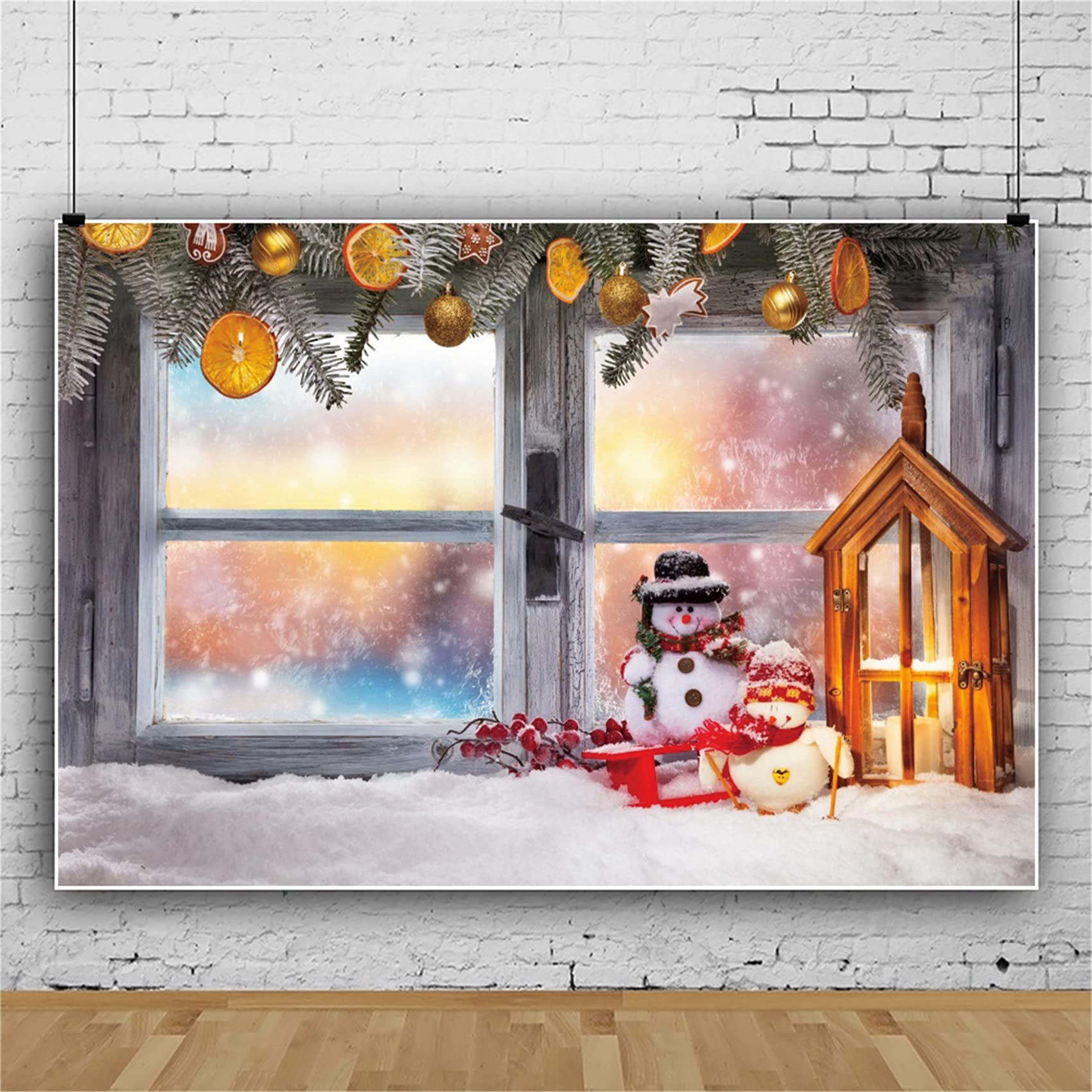 Bovlleetd 8x4ft Merry Christmas Backdrop Snowman Oil Lamp Photography Background 3D Snow Scene Christmas Tree Branch Decoration Banner for Christmas Party Decor Photo Booth Props Boudoir Decoration