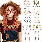 10 Sheets Horror Scarecrow Face Makeup Tattoos Stickers Clown Eyeshadow Temporary Sticker Scary Halloween Fake Blush Freckles Face Decals for Day of Dead Fall Carnival Party Decoration