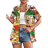 PECHAR Christmas Shirts for Women Christmas Santa Ugly Graphic T-Shirts Summer Hawaiian Button Up Blouse Tops
