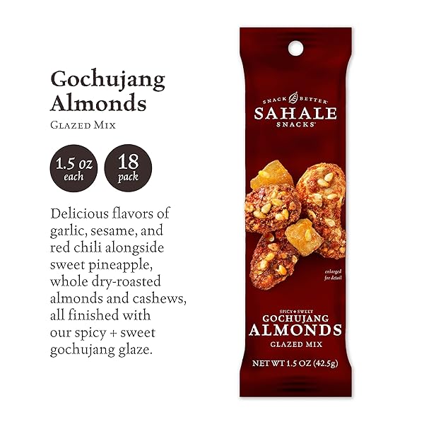 SAHALE SNACKS GOCHUJANG ALMONDS GLAZED MIX, 1.5 OZ BAGS (18 PACKS) – DRY-ROASTED DELUXE MIXED NUTS INSPIRED BY TRADITIONAL KOREAN BBQ – NON-GMO, KOSHER, & CERTIFIED GLUTEN-FREE SNACKS