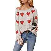 Chang Yun Women Off Shoulder Knitted Pullovers Sweater Loose Long Sleeve Hearts Printed Ripped Tops