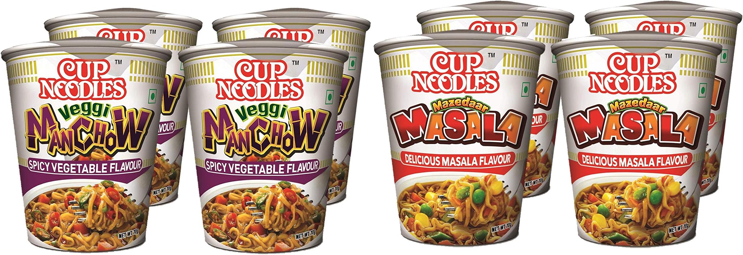 Nissin Cup Noodles Veggie Manchow, 70g (Pack of 4) and Nissin Cup Noodles Mazedaar Masala, 70g (Pack of 4)