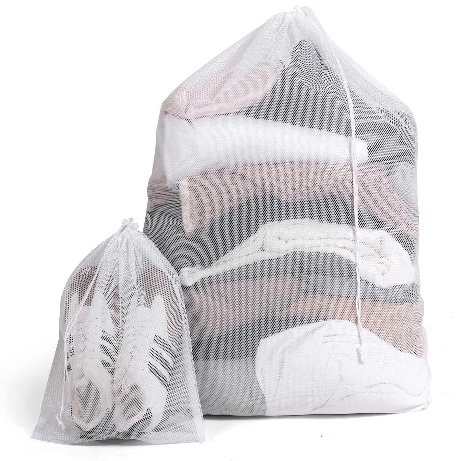 2 Pack Mesh Laundry Bags - Large & Small Heavy Duty Mesh Laundry Bag with Drawstring, Wash Bags for Travel, College, Dorms, Sports, Family, White