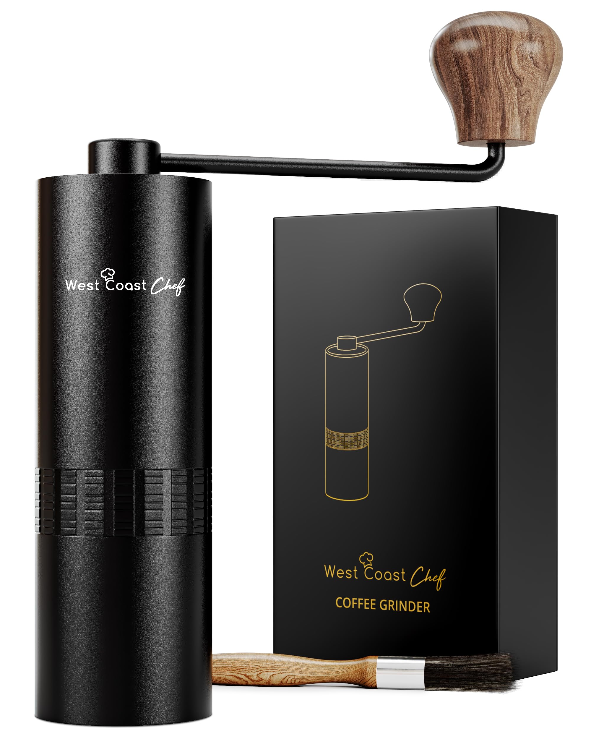 West Coast Chef Manual Coffee - Portable Espresso Hand Grinder, Travel Coffee Grinder (Black)