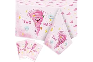 ARIANQICULT Two Nado Party Tablecloths - 3Pcs Pink Tornado Birthday Party Table Covers Decorations, Cute Two Nado Themed Rectangular Plastic Disposable Table Cloth Decor for Baby Girls 2nd Birthday Baby Shower