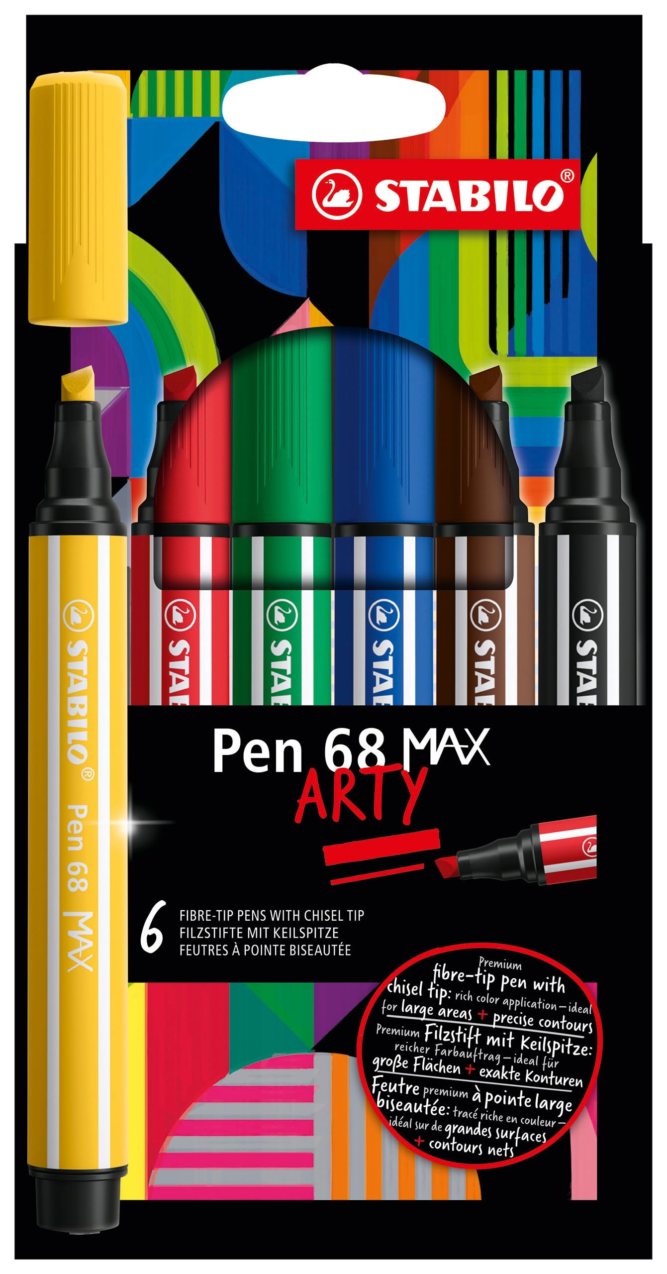STABILO Pen 68 MAX - Premium Fibre-Tip Pen with Chisel Tip - ARTY - Pack of 6 - Assorted Colours