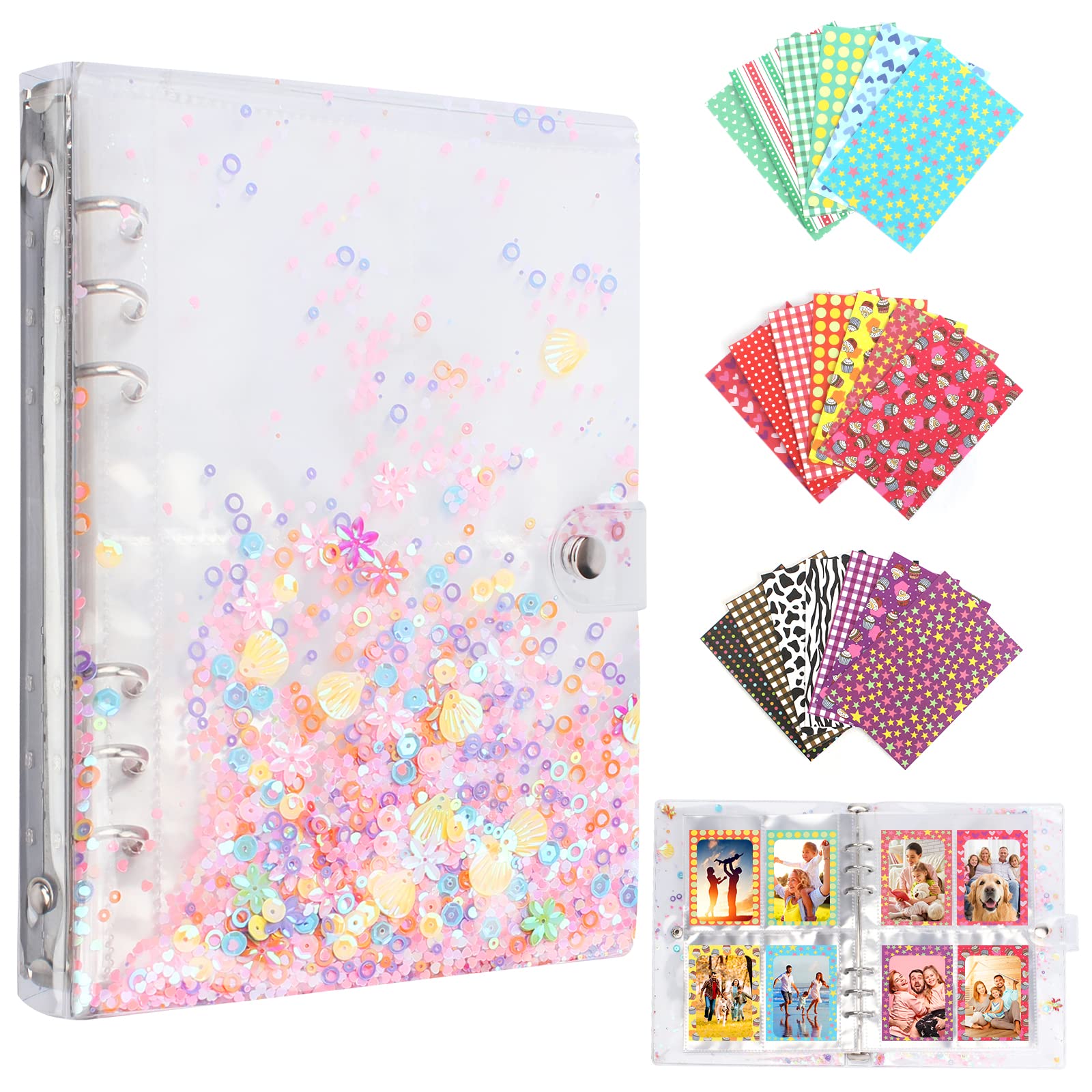 Mini Photo Album Photocard Binder with 200 Pockets, 3 Inch Tansparent Photo Album Cover with 20 Colorful Photo Film Frame Stickers for Fujifilm Instax Mini Film/Kpop Photocards/Polaroid Instax Mini
