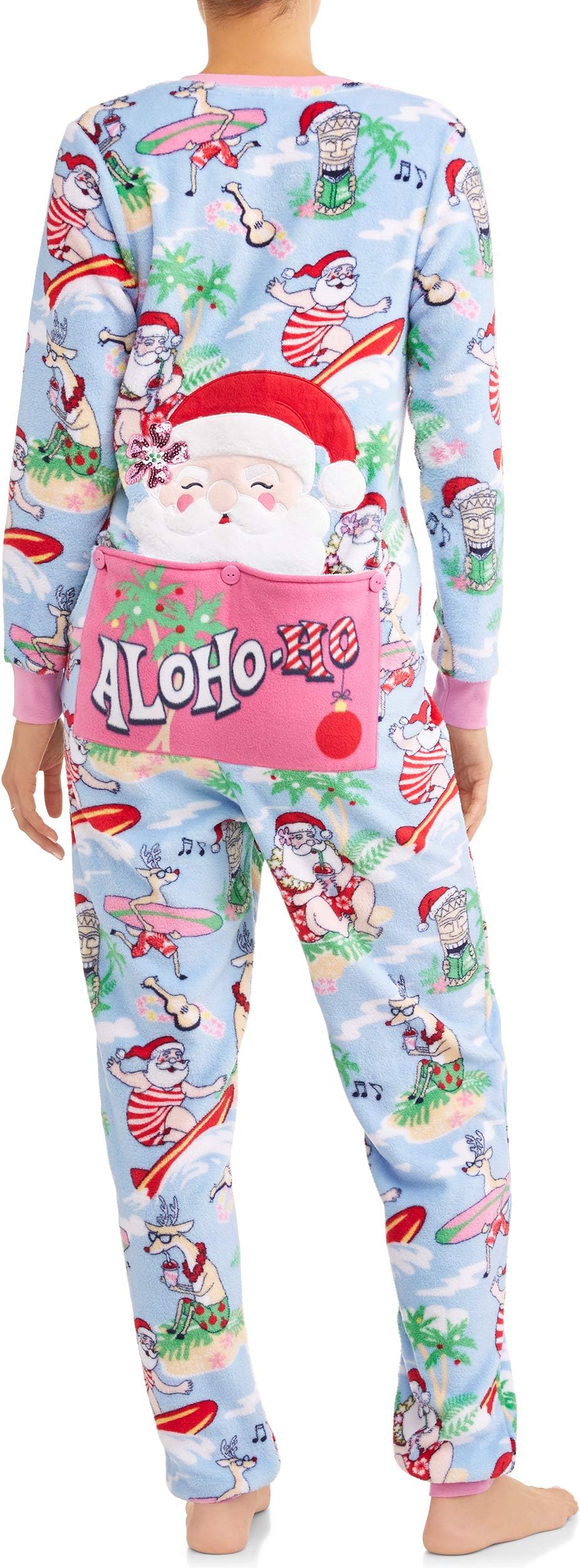 Secret Treasures Women's Aloho-ho Santa Beach Drop Seat Christmas Fleece Union Suit Pajamas