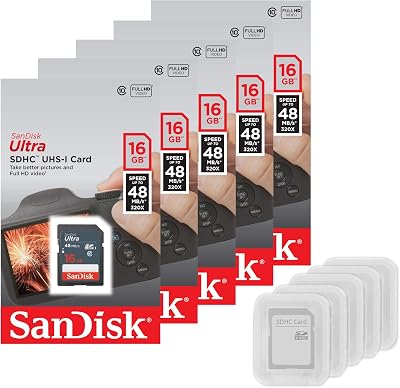 5 SanDisk Ultra 16GB SDHC UHS-I Class 10 Memory Cards - Up to 48MB/s Read