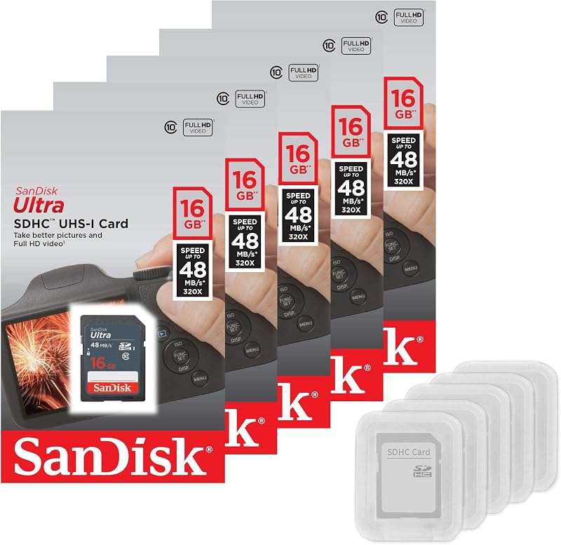 5 SanDisk Ultra 16GB SDHC UHS-I Class 10 Memory Cards - Up to 48MB/s Read