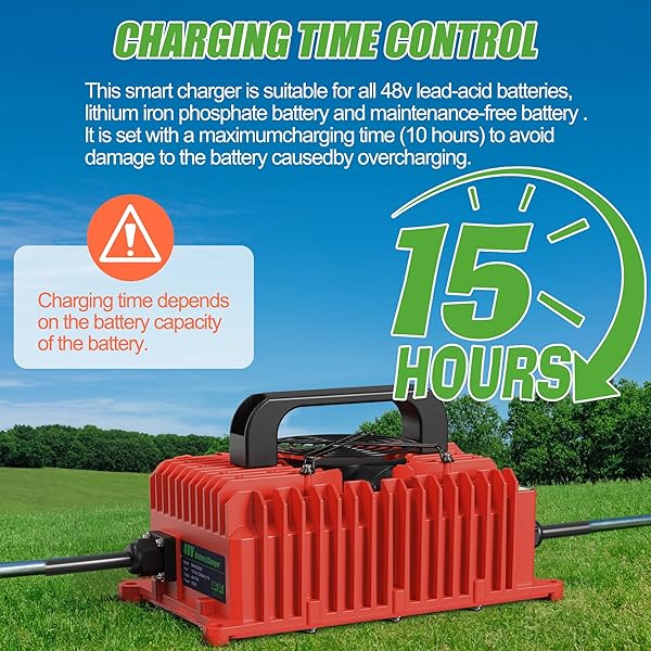 10L0L 15 AMP 48 VOLT GOLF CART BATTERY CHARGER FOR YAMAHA G29 DRIVE & DRIVE 2 WITH 3-PIN LEAF PLUG, IP67 WATERPROOF SMART GOLF CART BATTERY CHARGER – RED