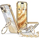 XYZ for iPhone 15 Plus Case with Stand, Phone Case with Double Ring Kickstand, Women Girls Bling Luxury Glitter Clear Phone Case Cover Heart for iPhone 15 Plus 6.7 inch, Gold