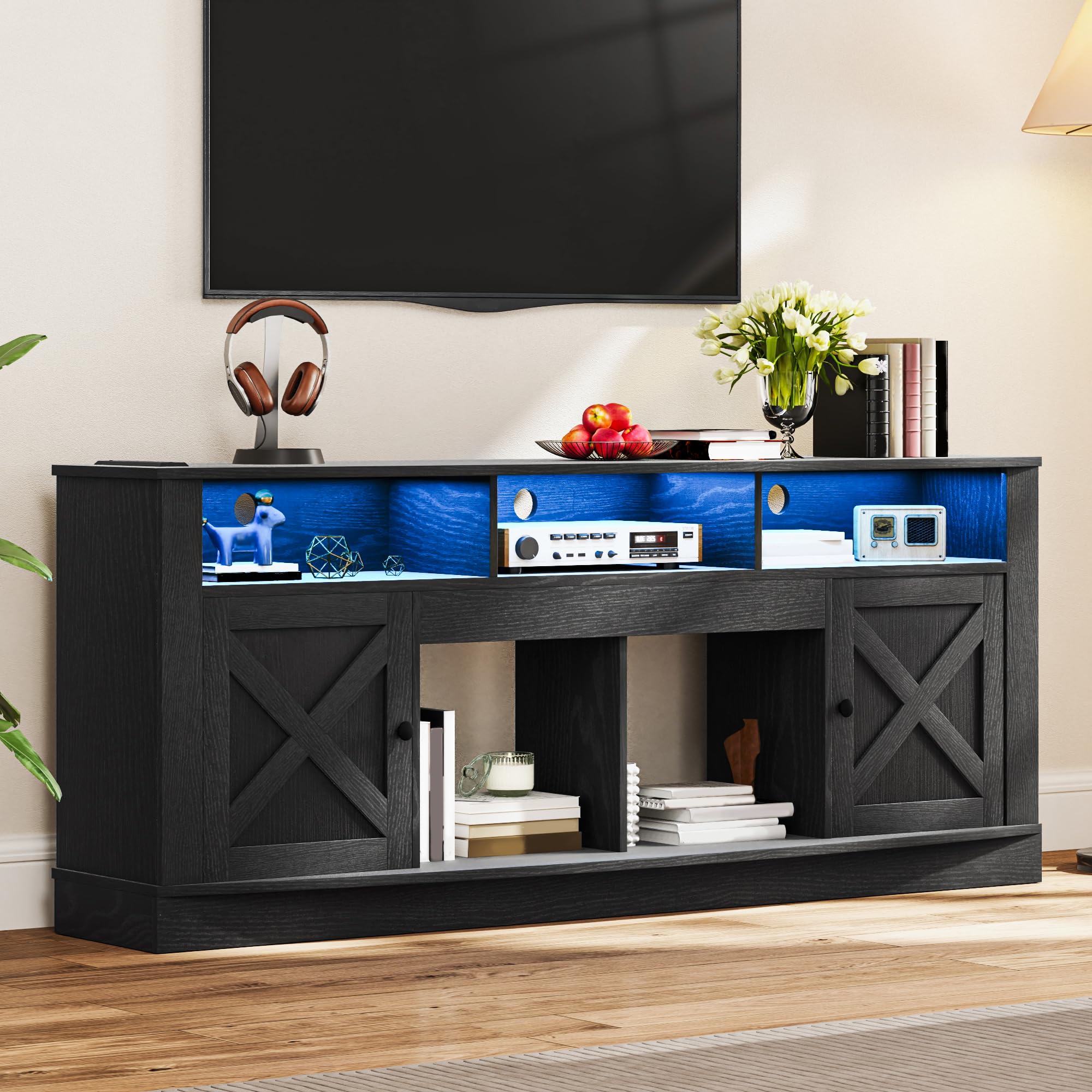 Photo 1 of *****PARTS ONLY********DWVO TV Stand for 75/80 Inch TV, Entertainment Center, LED Light Media Console, TV Cabinet with Barn Doors and Power Outlet for Living Room, Black