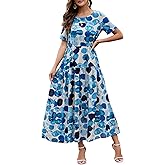 Kormei Women Casual Short Sleeve Loose Drawstring Bohemian Floral Dress Summer Beach Swing Long Maxi Dresses