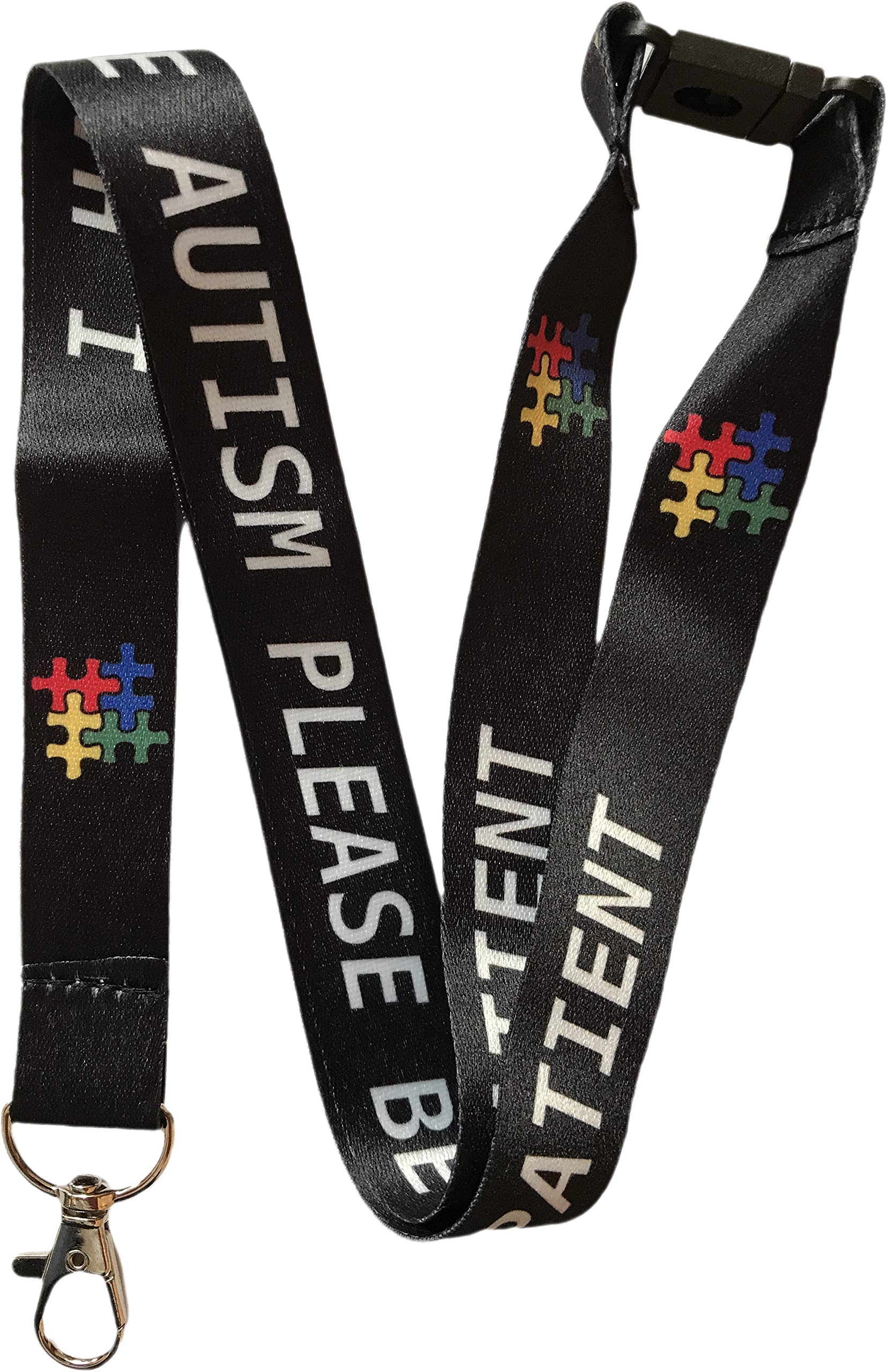 PAC Supplies Global Autism Awareness - Please Be Patient i Have Autism - Neck Lanyard With Safety Break Away - Child & Adult Size (Adult Size) (Black)