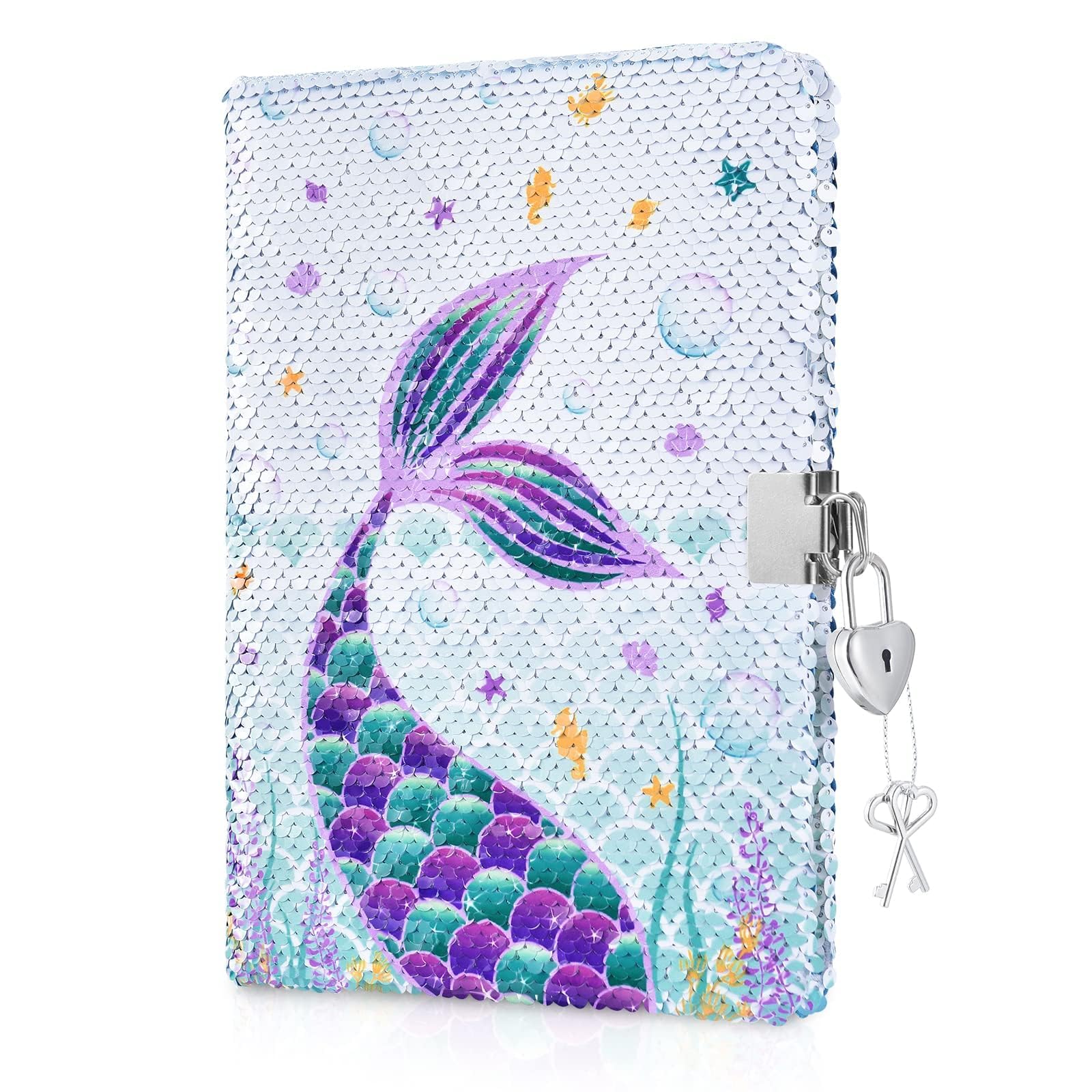 Photo 1 of WERNNSAI Sequins Mermaid Kids Diary for Girls, Secret Diary with Lock and Key, Kids Journal Notebook Birthday Christmas Mermaid Gift for 6 7 8-12 Year Old Girls, School A5 Writing Drawing Notepad