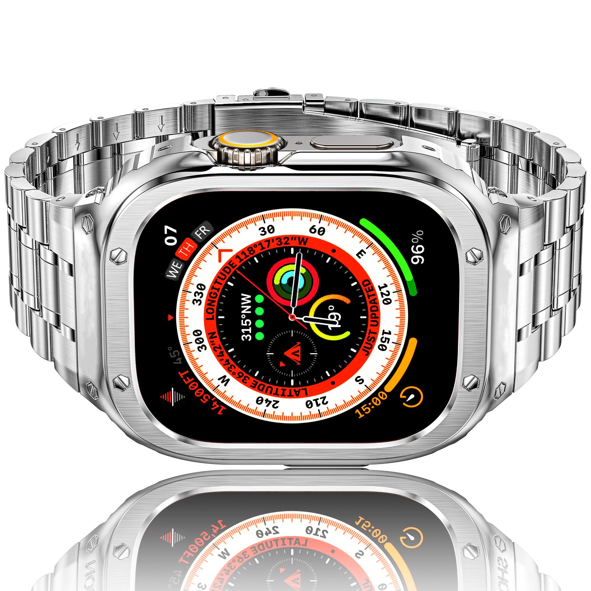 HASLFM Stainless Steel Straps with Case Compatible for Apple Watch 49mm Series Ultra 3/2/1, Rugged Metal Replacement Straps with Cover for iWatch Ultra 3/2/1 Men, Silver