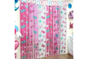 Bupelo Kawaii Birthday Decorations, 2 Pack Cartoon Cat Theme Party Supplies, 3.3 x 6.6ft Tinsel Foil Fringe Curtains, Bow Photo Booth Props, Backdrop Streamers, Perfect Room & Doorway Decor for Girls
